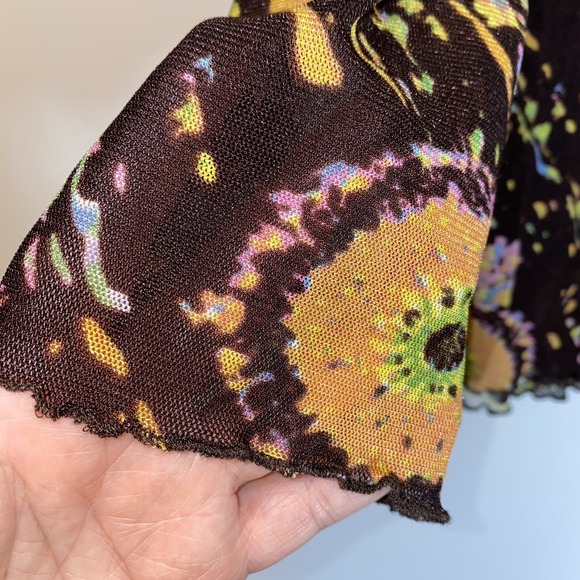 Azi Jeans Top Womens XL Brown Tie Dye 90s Y2K Mesh Beaded Sequin Sheer Grunge XL - Picture 6 of 14